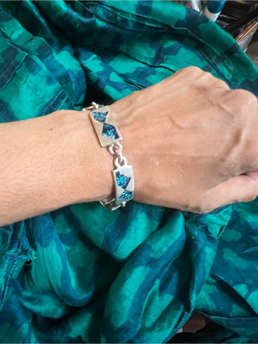 Vintage Taxco 925 Sterling Silver Turquoise Inlay Link Bracelet TC-125 Mexico